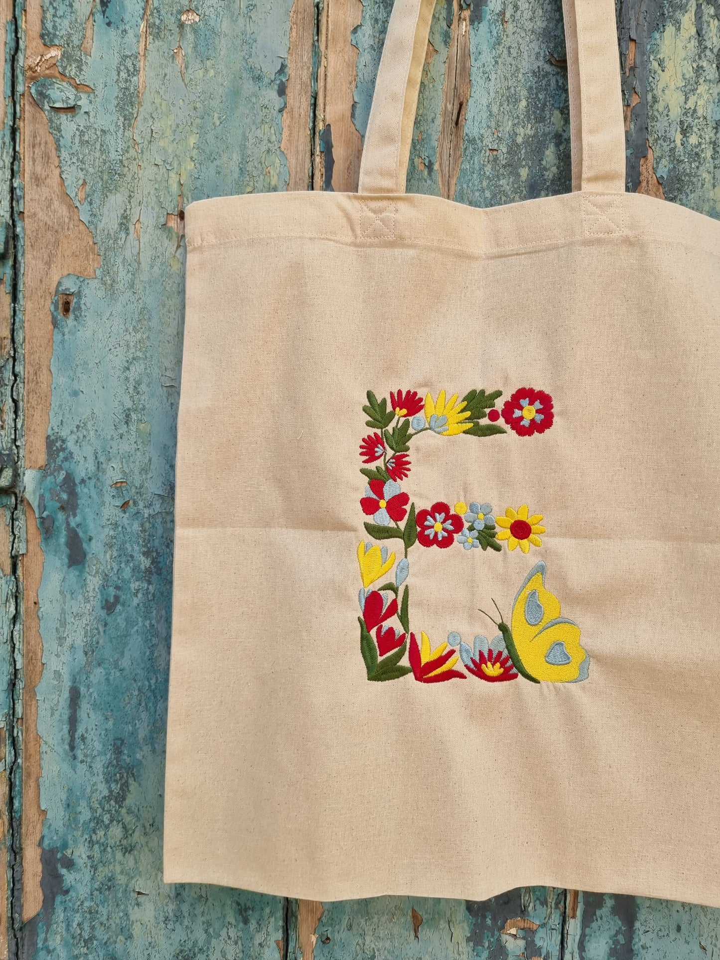 Floral Butterfly Initial | Embroidered Tote Bag