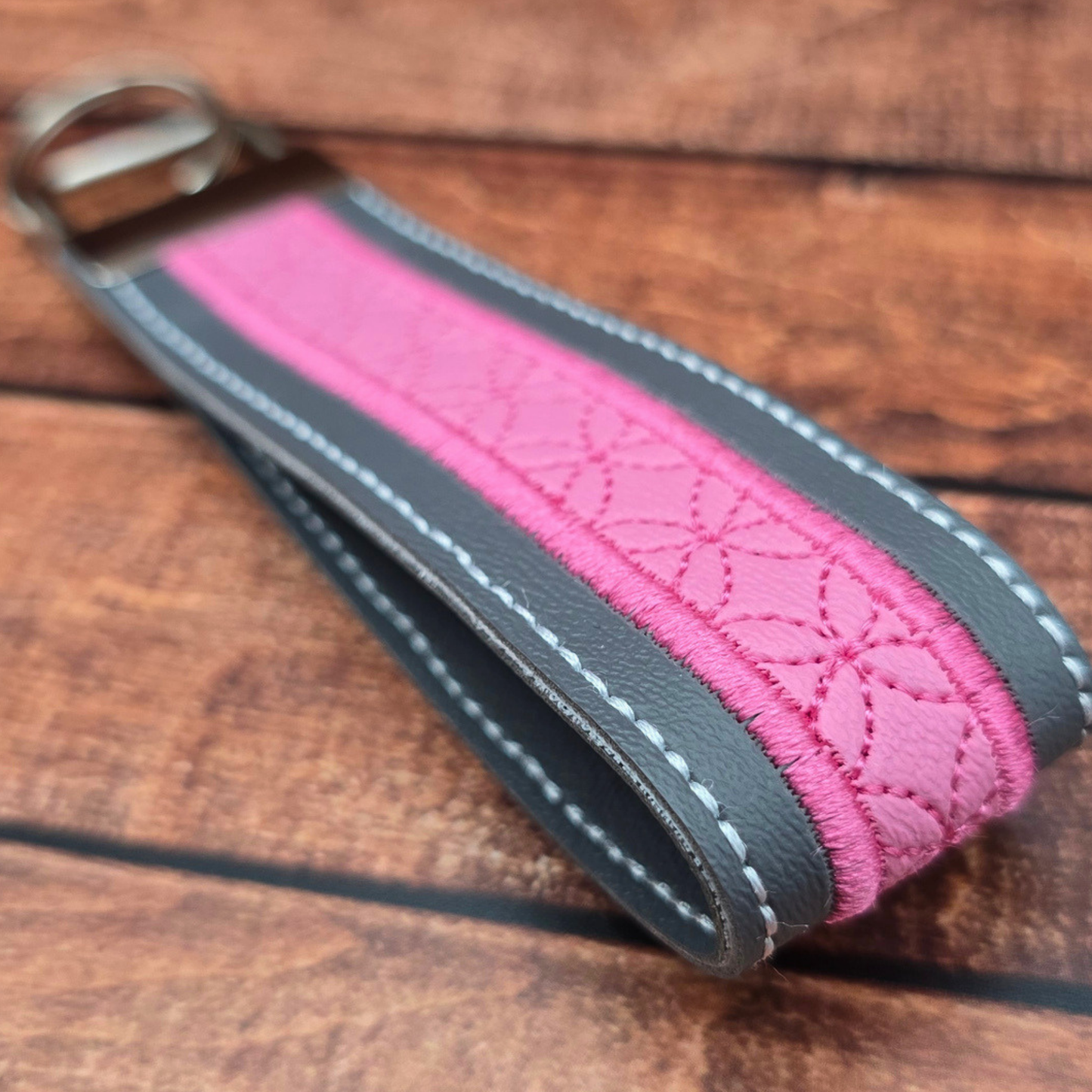 Grey and Pink | Embroidered Wristlet Keychain