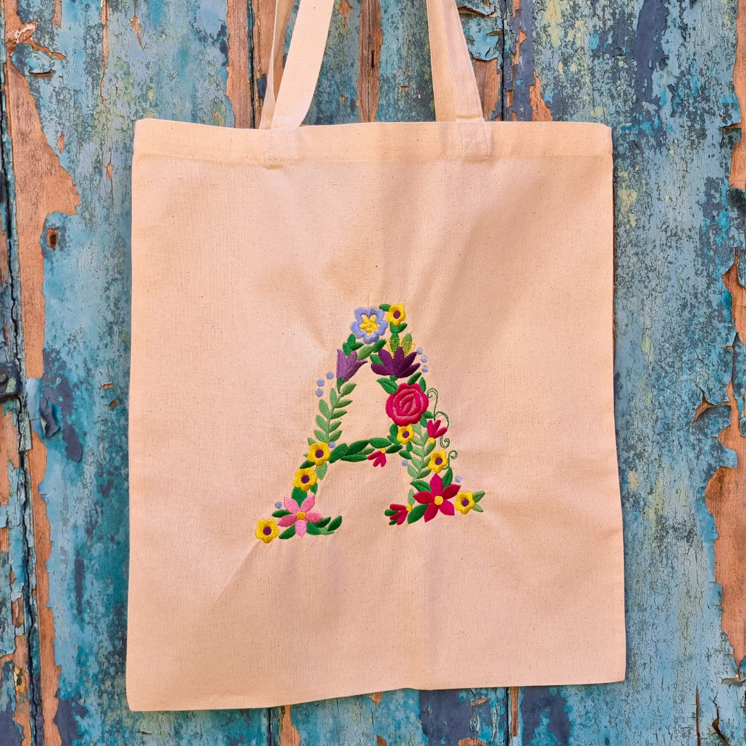 Floral Initial | Embroidered Tote Bag