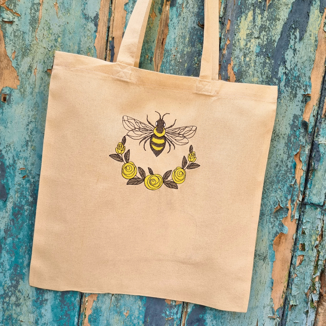 Sketched Bumble Bee Emblem | Embroidered Tote Bag