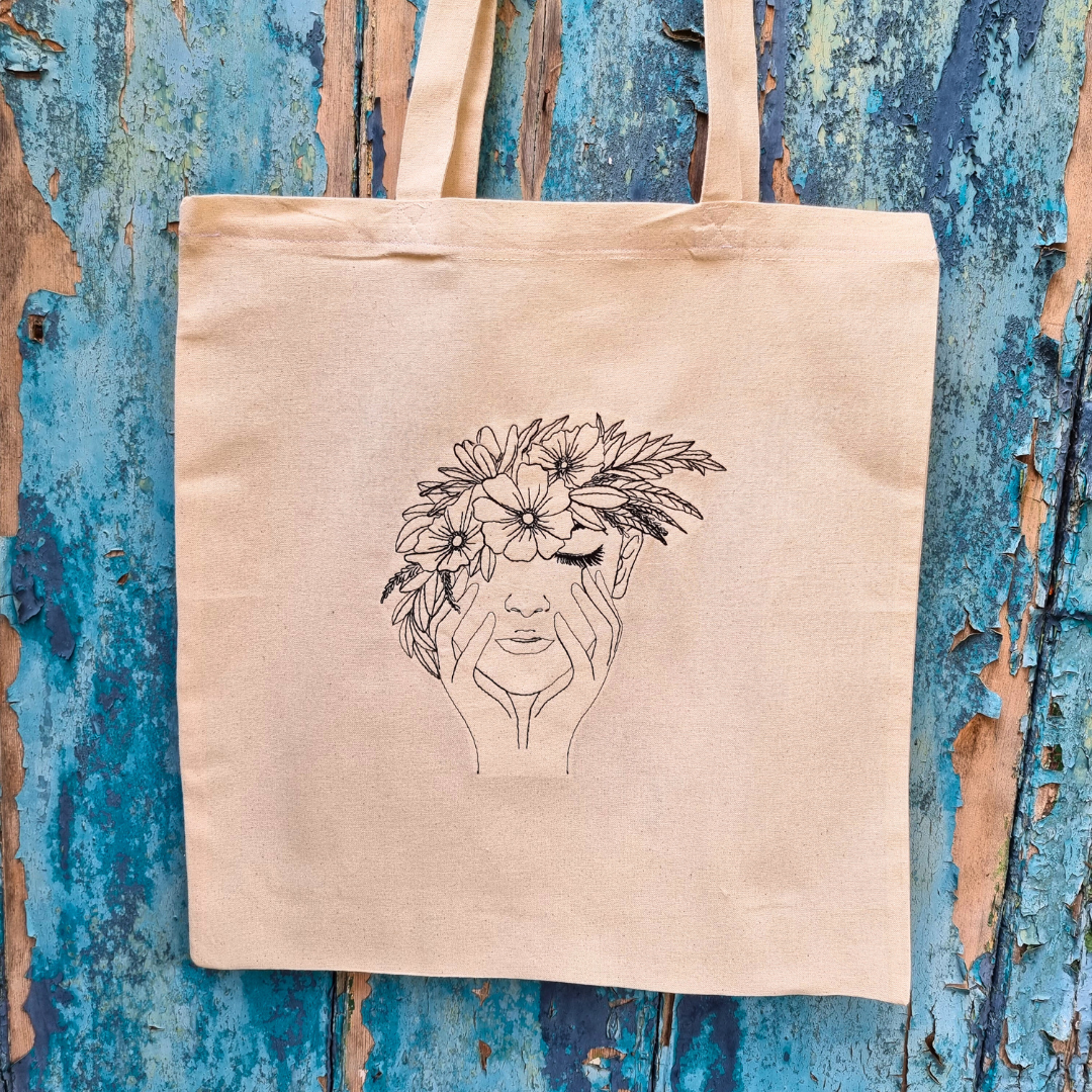 Line Art Lady With Flower Headband | Embroidered Tote Bag