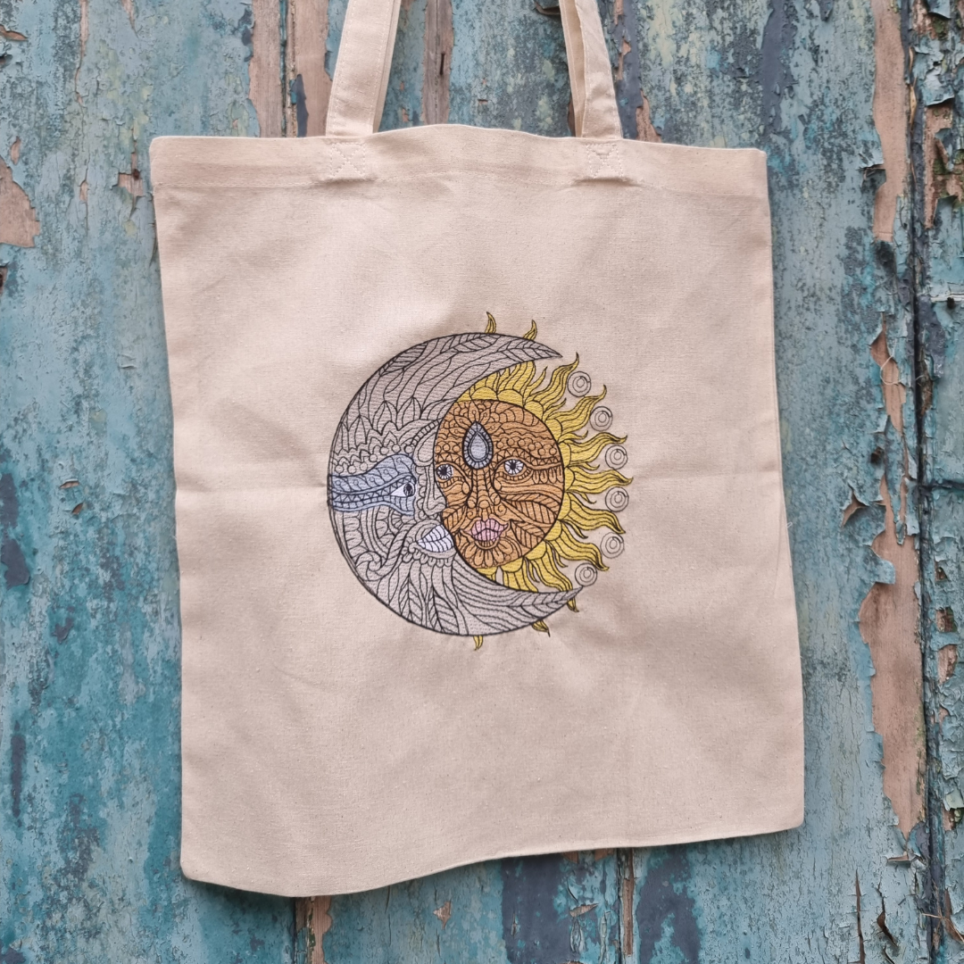 Sun and Moon Henna | Embroidered Tote Bag
