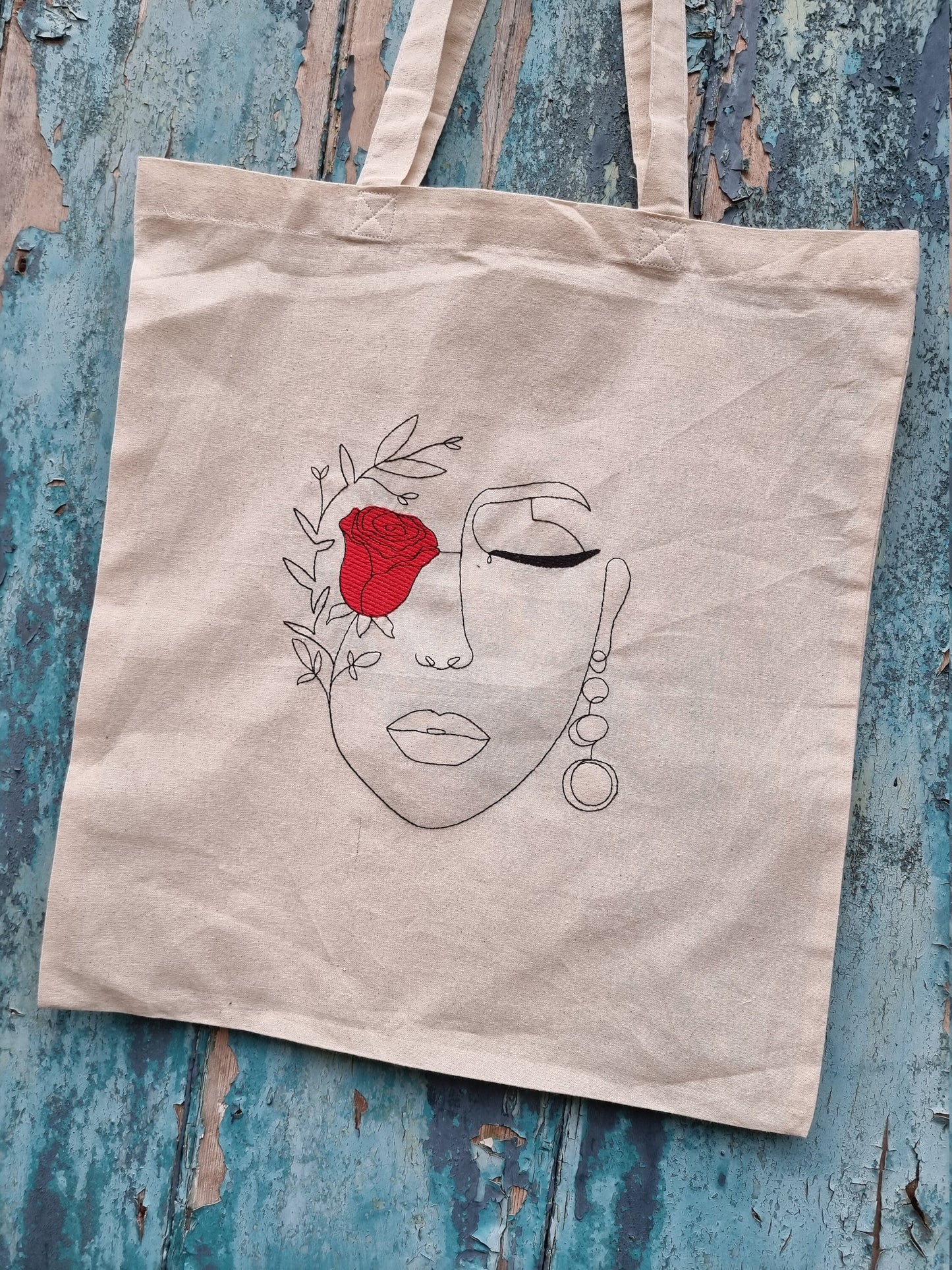 Line Art Lady Face with Rose | Embroidered Tote Bag