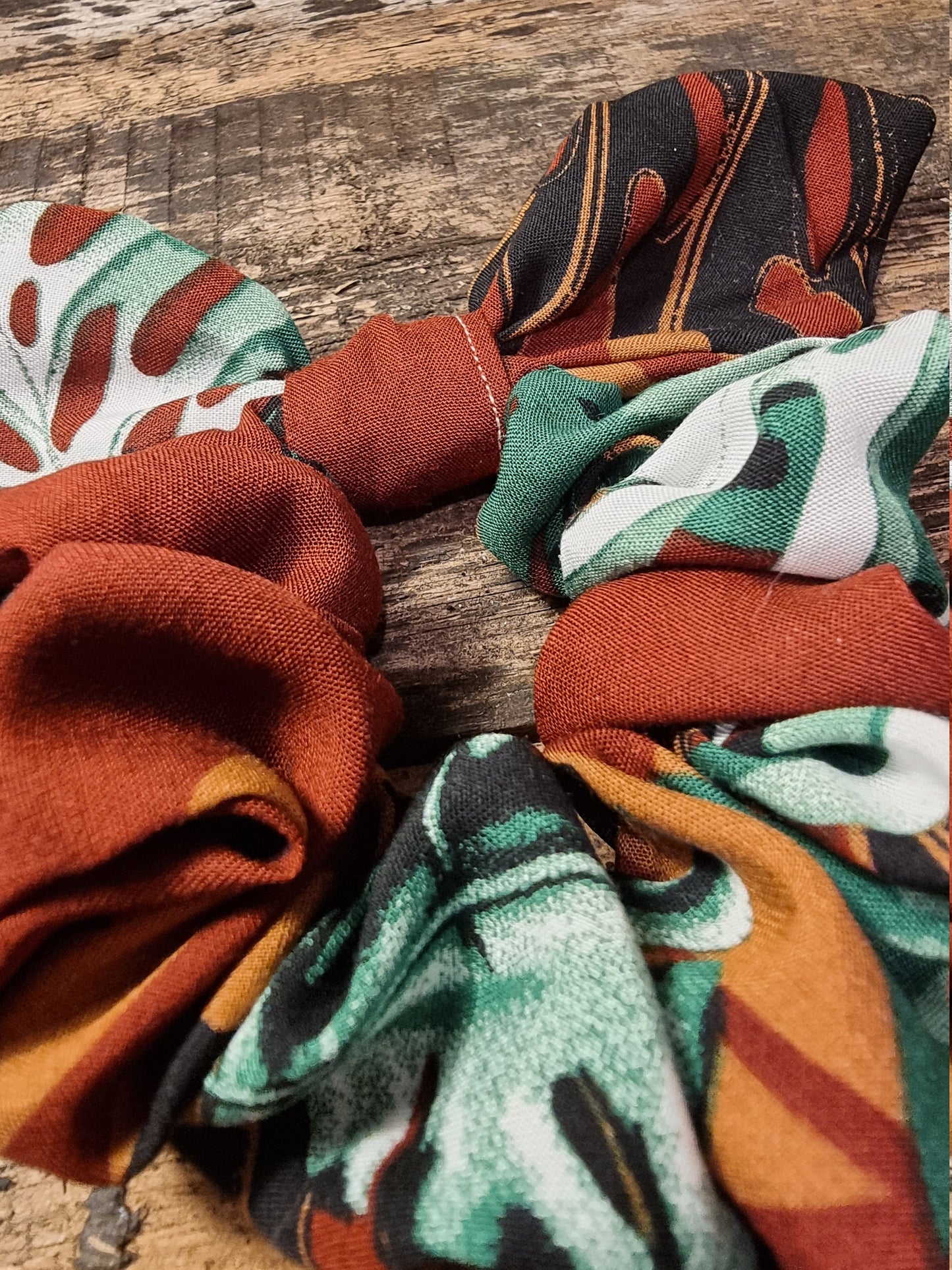 Monstera Leaf Print Soft Viscose Bow Scrunchie | Removeable Bow