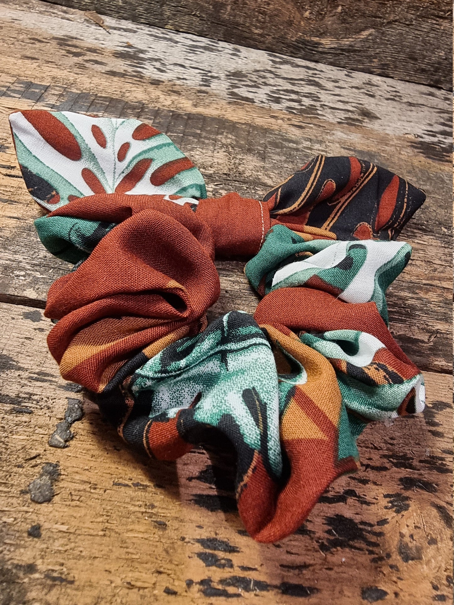 Monstera Leaf Print Soft Viscose Bow Scrunchie | Removeable Bow