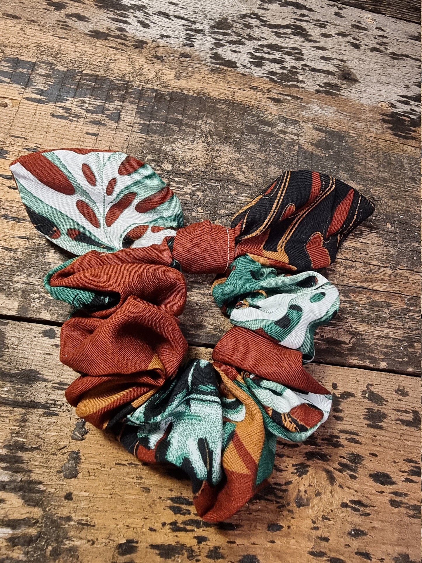 Monstera Leaf Print Soft Viscose Bow Scrunchie | Removeable Bow