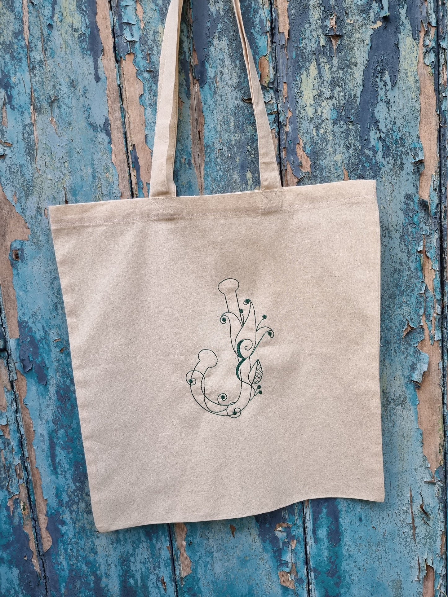 Ditsy Floral Line Art Initial | Embroidered Tote Bag