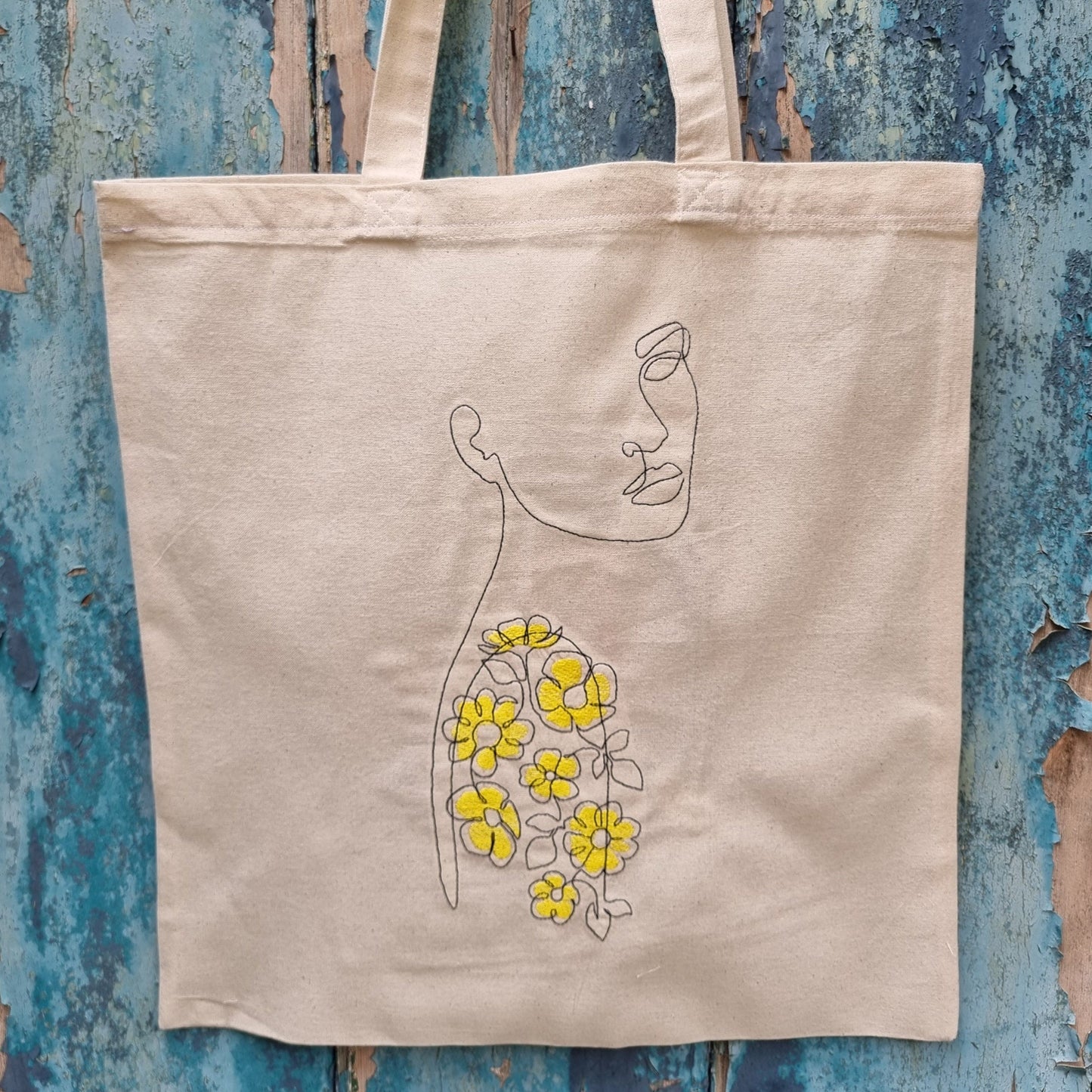 Line Art Lady With Flower Tattoo | Embroidered Tote Bag