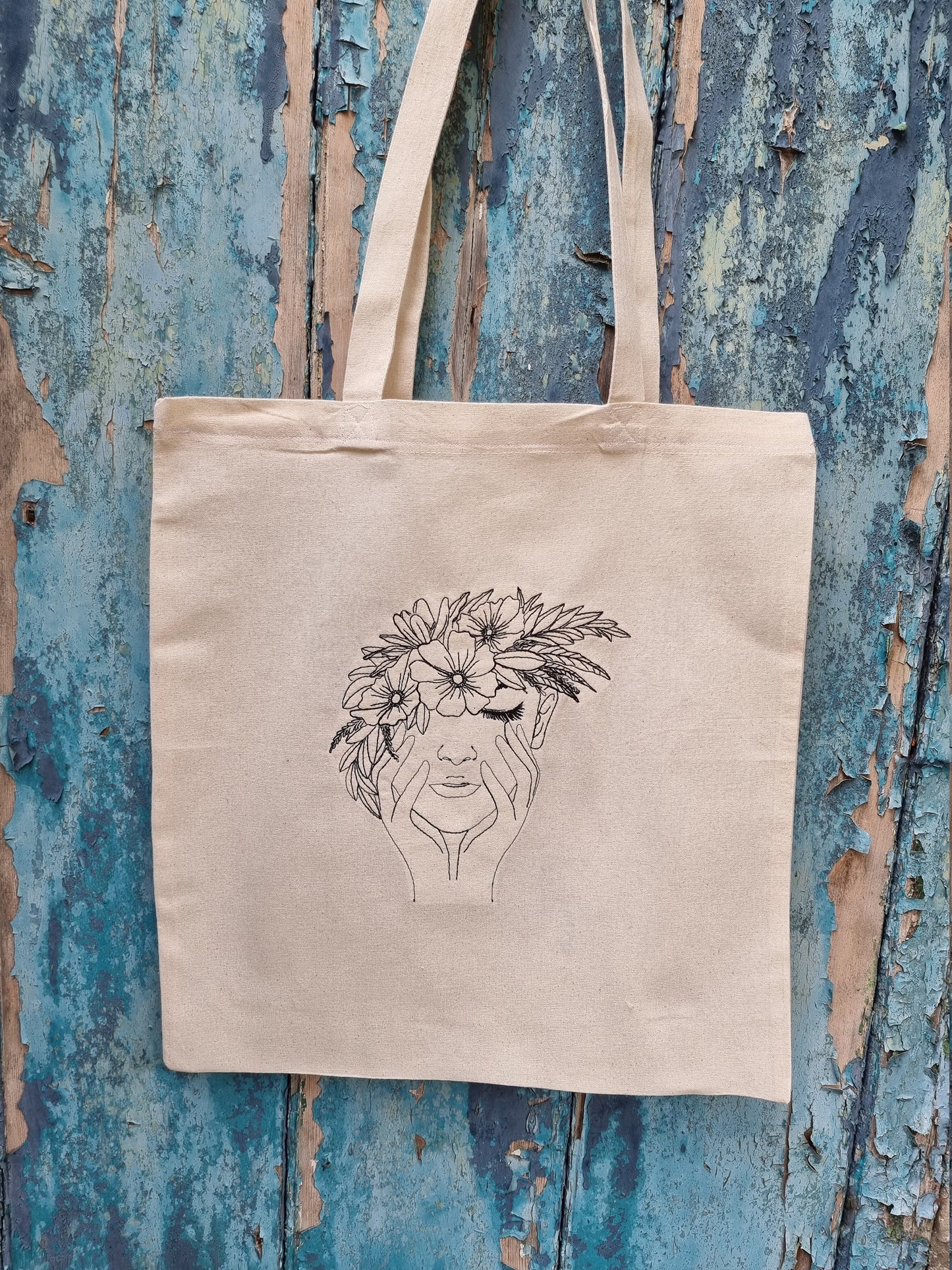 Line Art Lady With Flower Headband | Embroidered Tote Bag