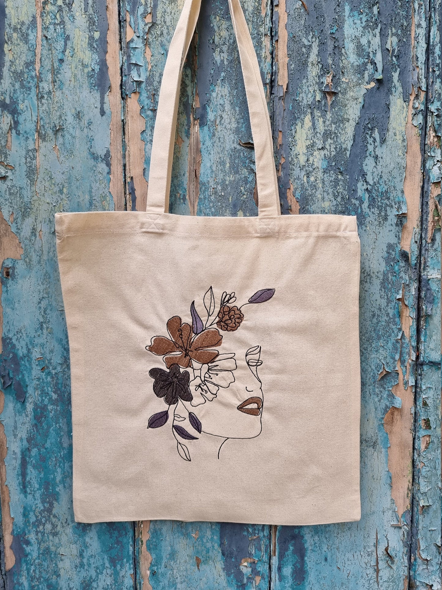 Line Art Lady With Coloured Floral Headband | Embroidered Tote Bag