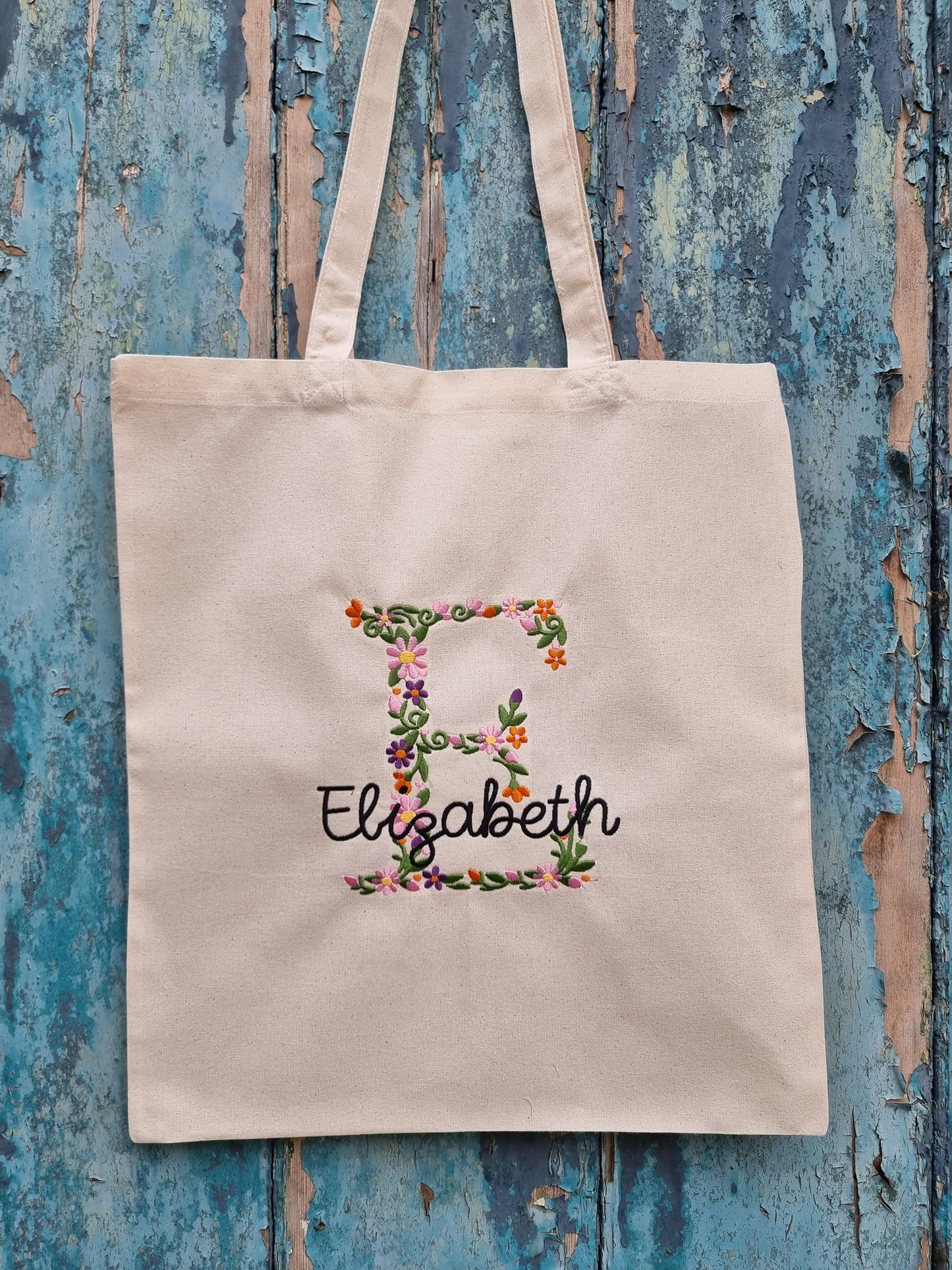 Floral Initial With Name | Embroidered Tote Bag