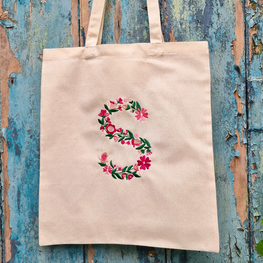Floral Initial | Embroidered Tote Bag