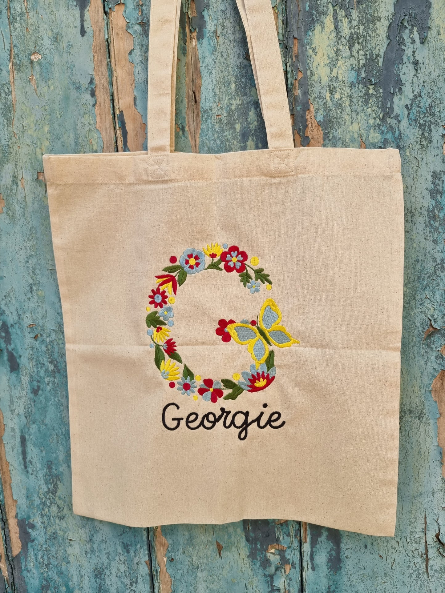 Floral Butterfly Initial  With Name | Embroidered Tote Bag