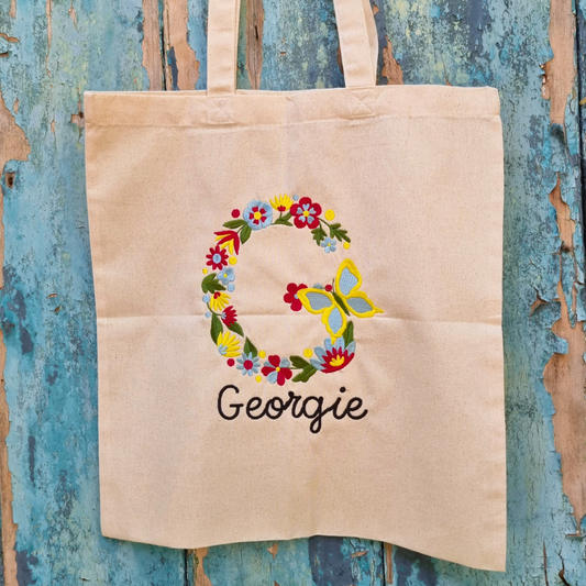 Floral Butterfly Initial  With Name | Embroidered Tote Bag