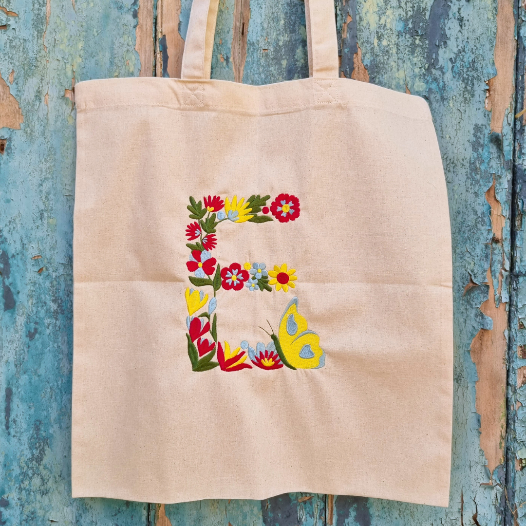 Floral Butterfly Initial | Embroidered Tote Bag