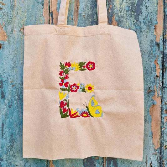 Floral Butterfly Initial | Embroidered Tote Bag