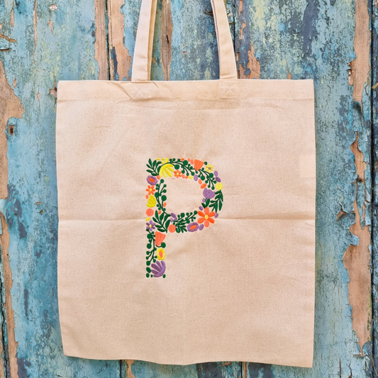 Floral Initial |  Embroidered Tote Bag