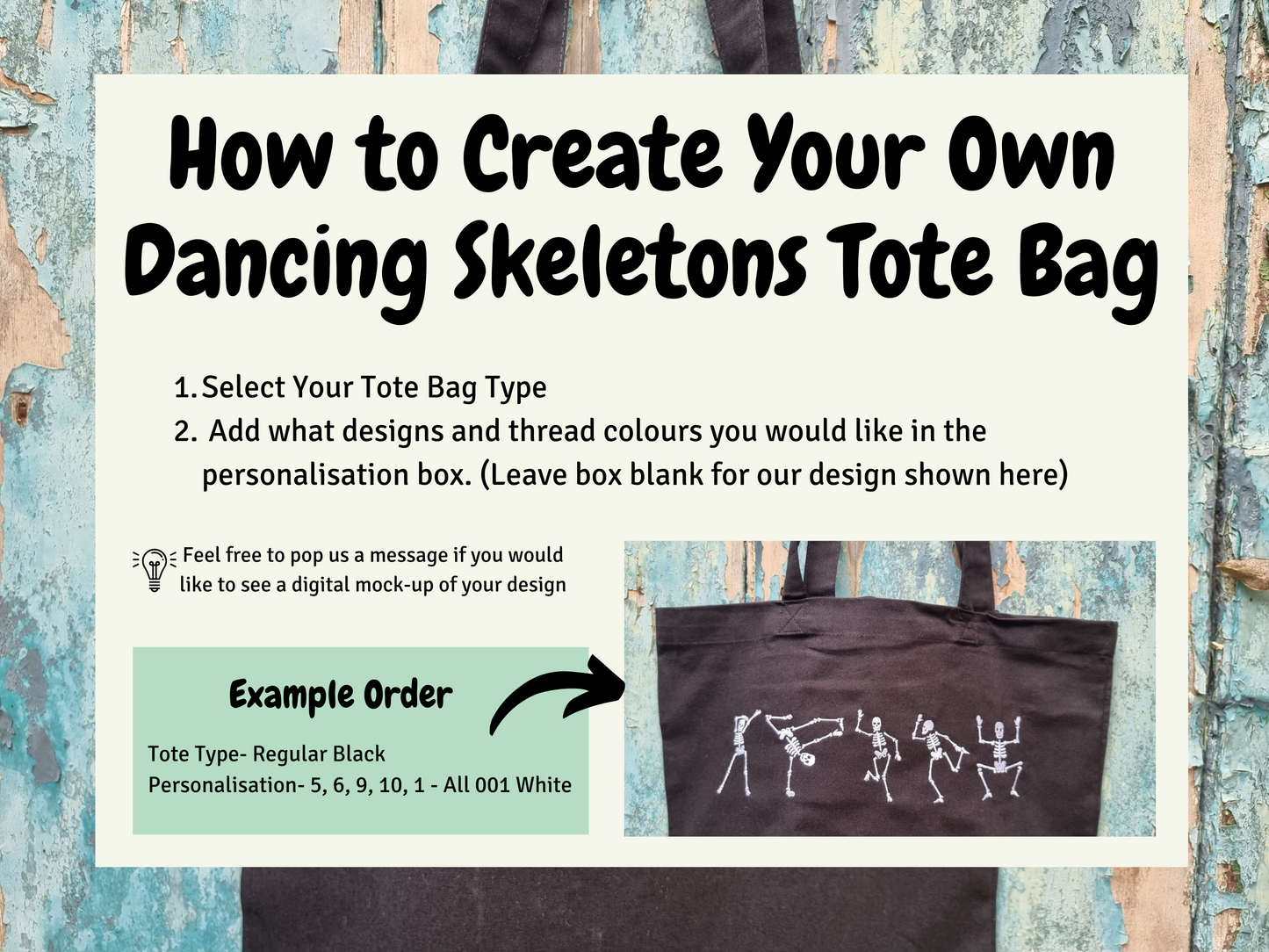 Design Your Own Dancing Skeleton | Embroidered Tote Bag