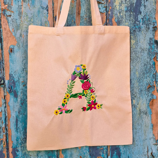 Floral Initial | Embroidered Tote Bag