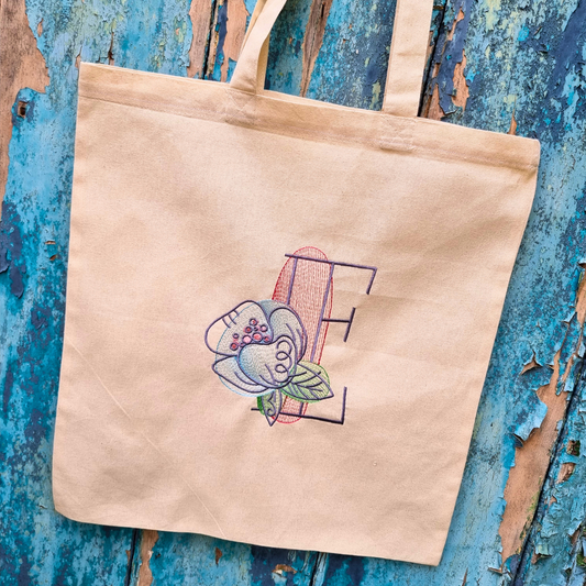Vintage Floral Sketch Initial | Embroidered Tote Bag