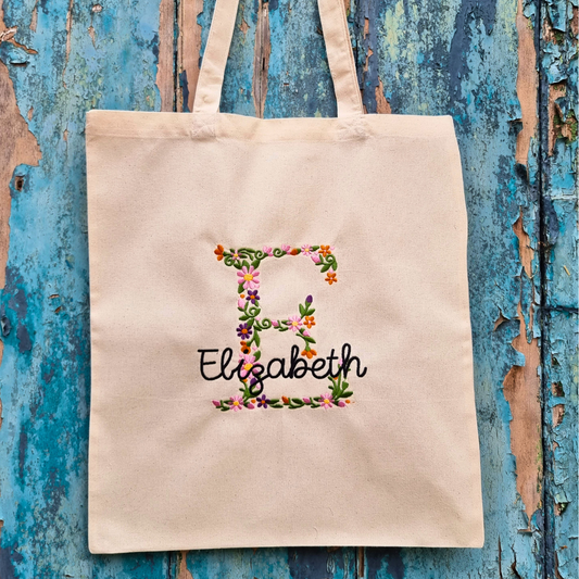 Floral Initial With Name | Embroidered Tote Bag