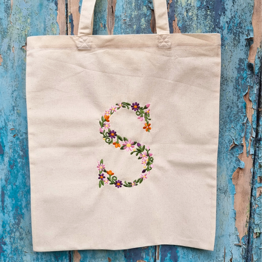 Floral Initial | Embroidered Tote Bag