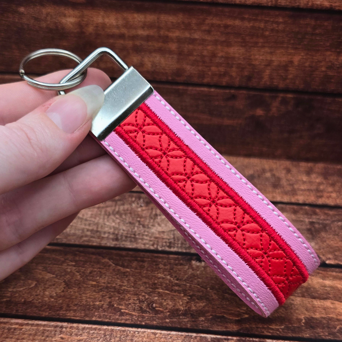 Pink and Red | Embroidered Wristlet Keychain