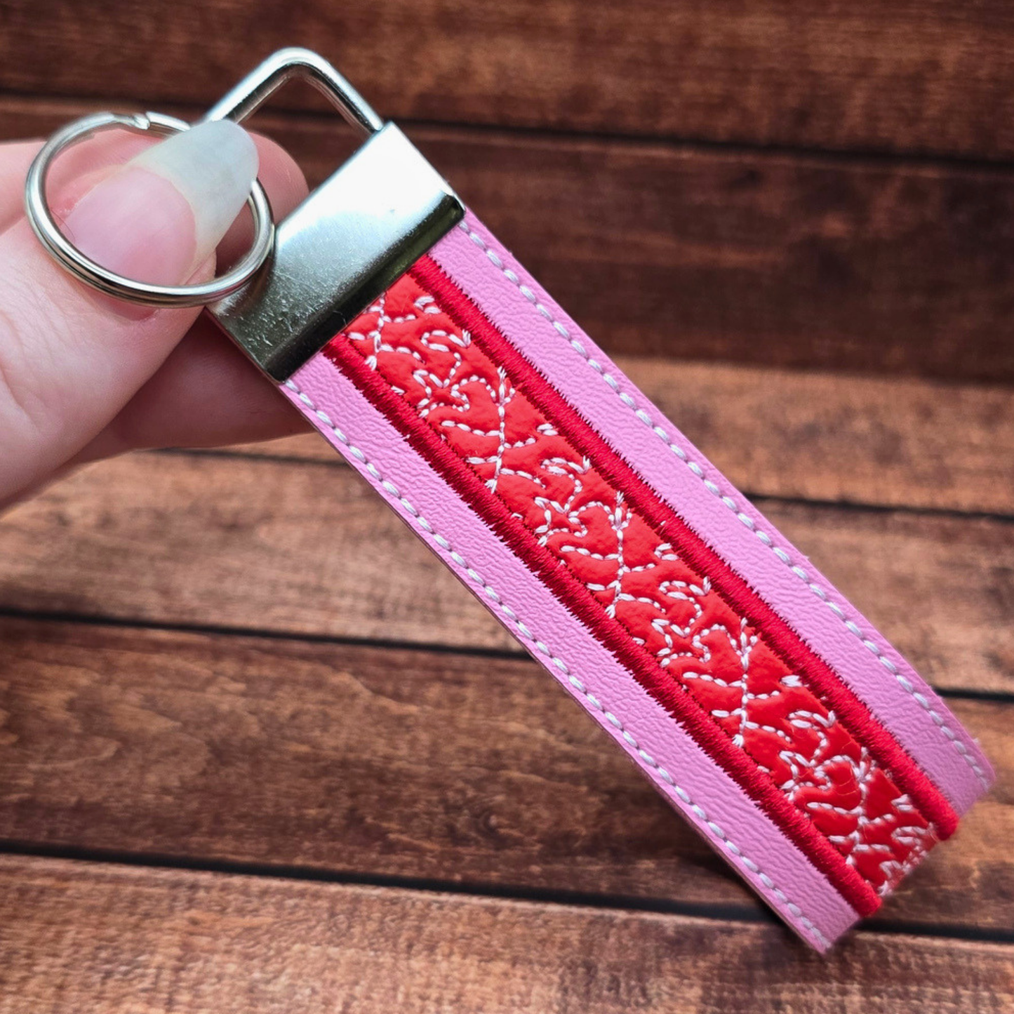 Pink and Red | Embroidered Wristlet Keychain
