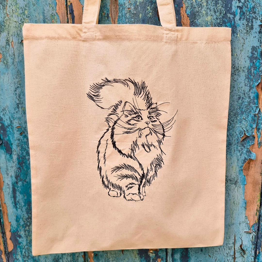 Cute Line Art Cat | Embroidered Tote Bag