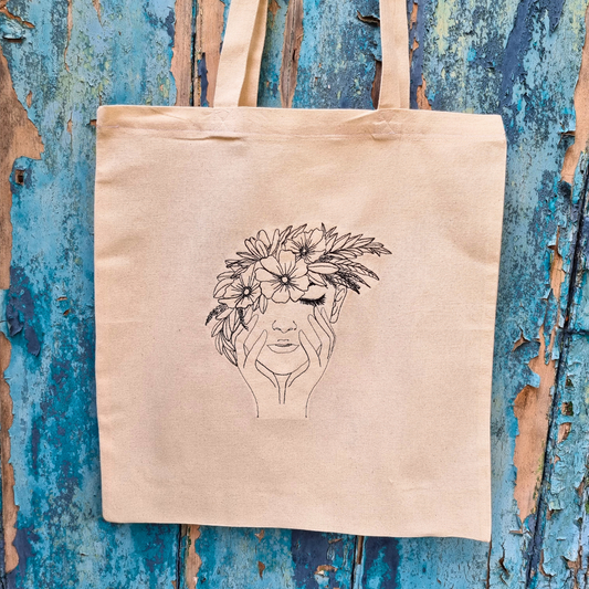 Line Art Lady With Flower Headband | Embroidered Tote Bag