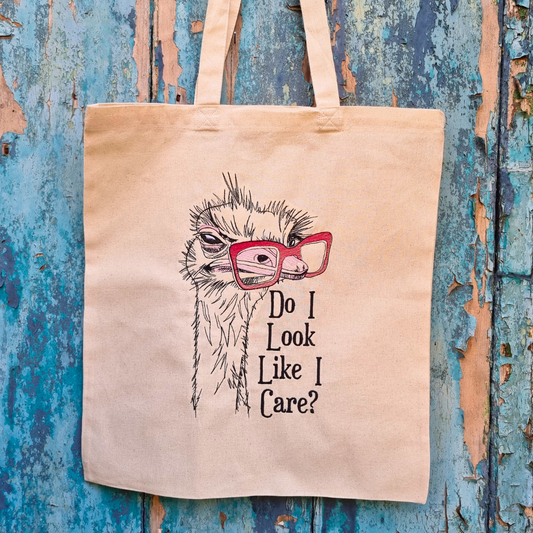 Geeky Ostrich 'Do I look like I care' | Embroidered Tote Bag