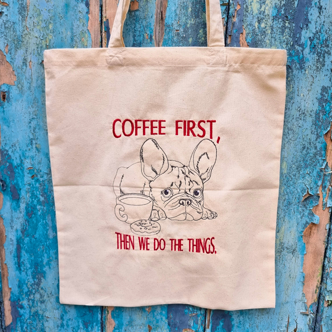 Coffee First Dog | Embroidered Tote Bag