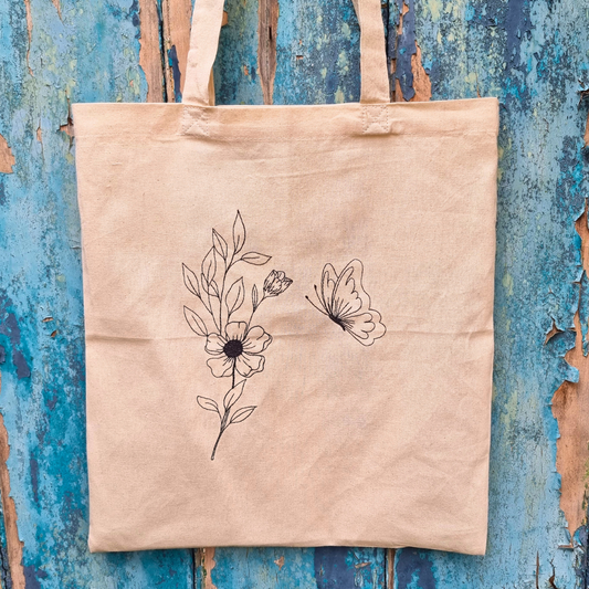 Flower With Butterfly | Embroidered Tote Bag