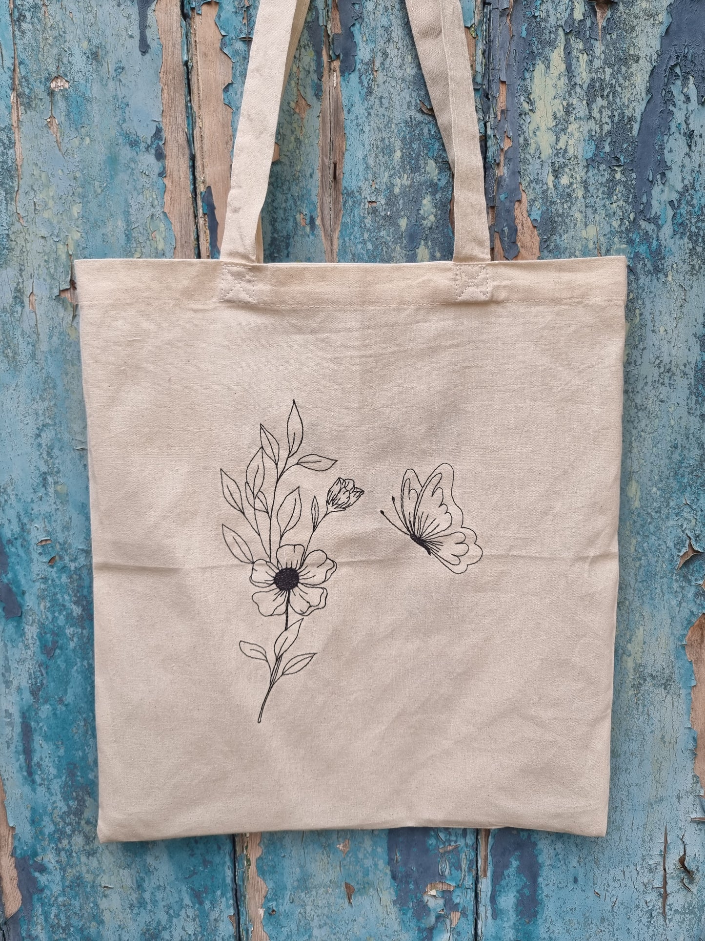 Flower With Butterfly | Embroidered Tote Bag