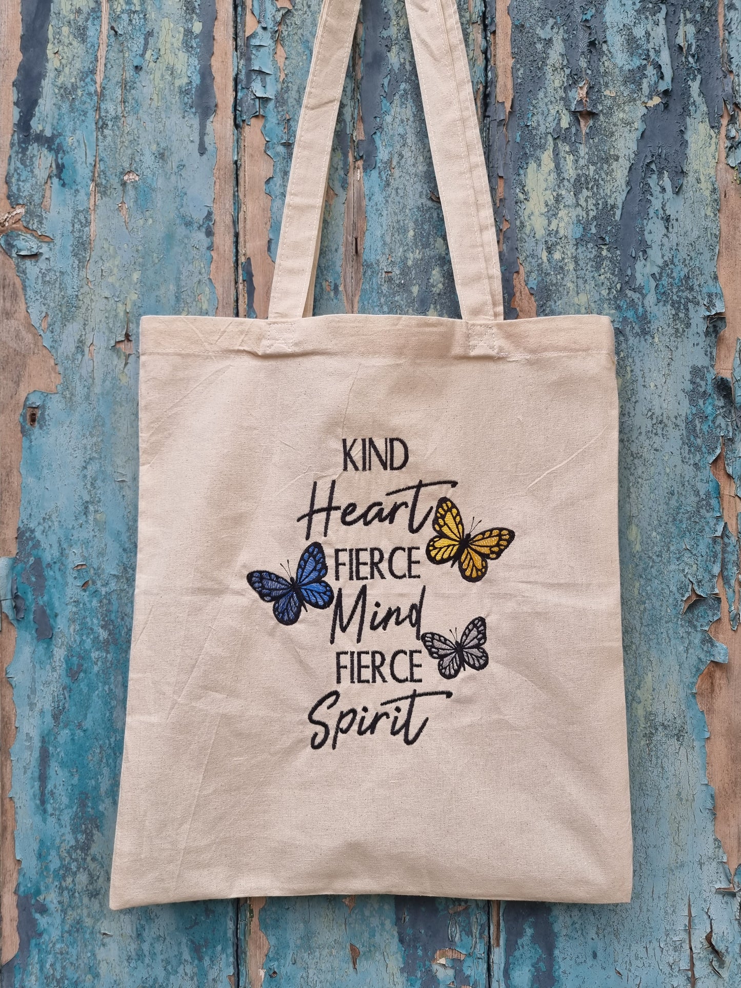 Kind Heart, Fierce Mind, Fierce Spirit Butterflies | Embroidered Tote Bag
