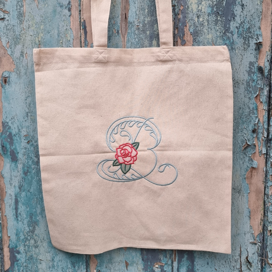 Fancy Rose Floral Initial | Embroidered Tote Bag