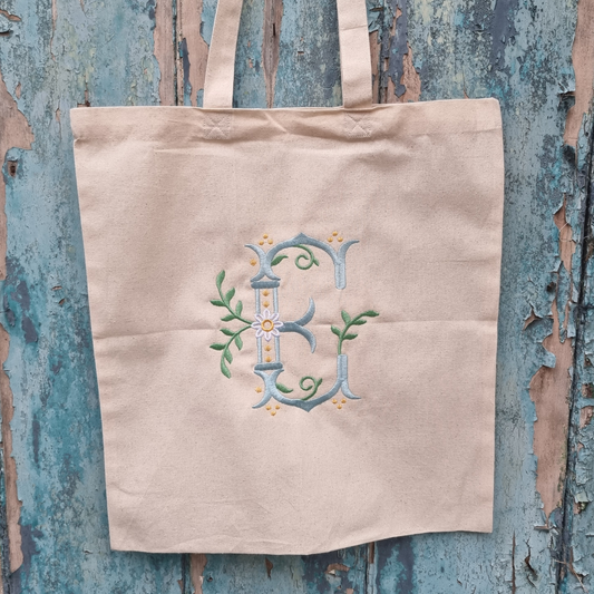 Personalised Ornate Daisies Initial | Embroidered Tote Bag