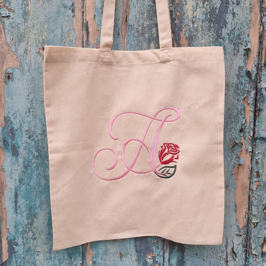 Personalised Regal Rosebud Floral Initial | Embroidered Tote Bag