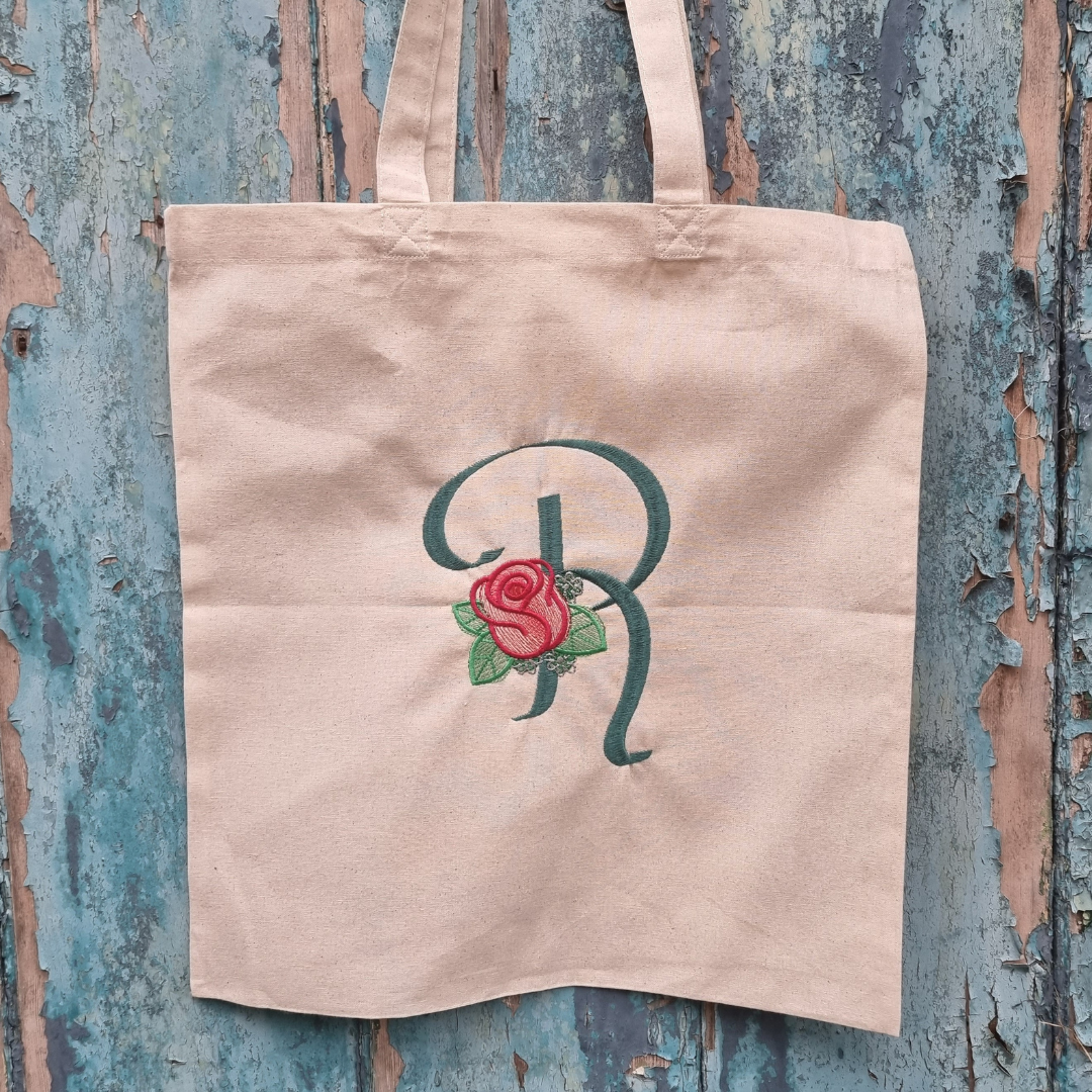 Personalised Rosebud Initial | Embroidered Tote Bag