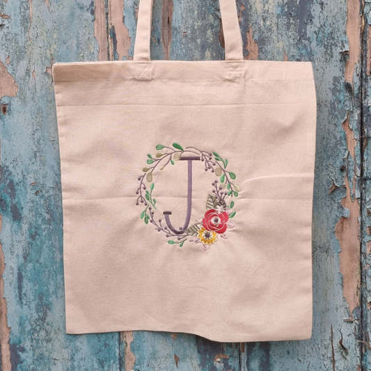 Personalised Floral Wreath Initial | Embroidered Tote Bag