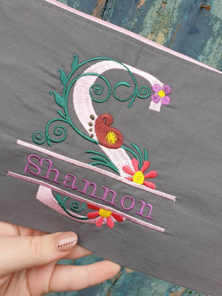 Personalised Floral Split Monogram Pouch Bag | Large Makeup Bag