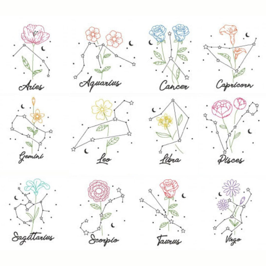 Floral Zodiac Line Art | Embroidered Tote Bag