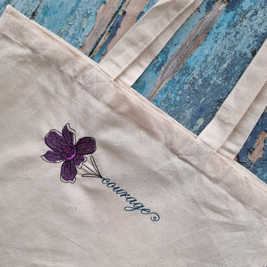 Inspirational Word and Flower | Embroidered Tote Bag