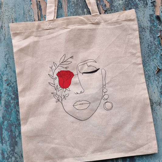 Line Art Lady Face with Rose | Embroidered Tote Bag