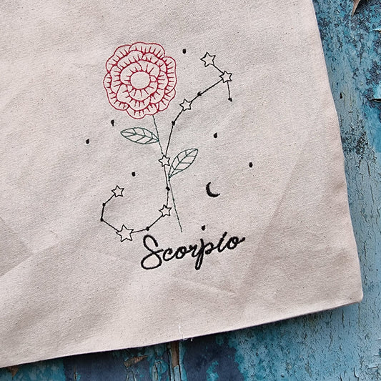 Floral Zodiac Line Art | Embroidered Tote Bag