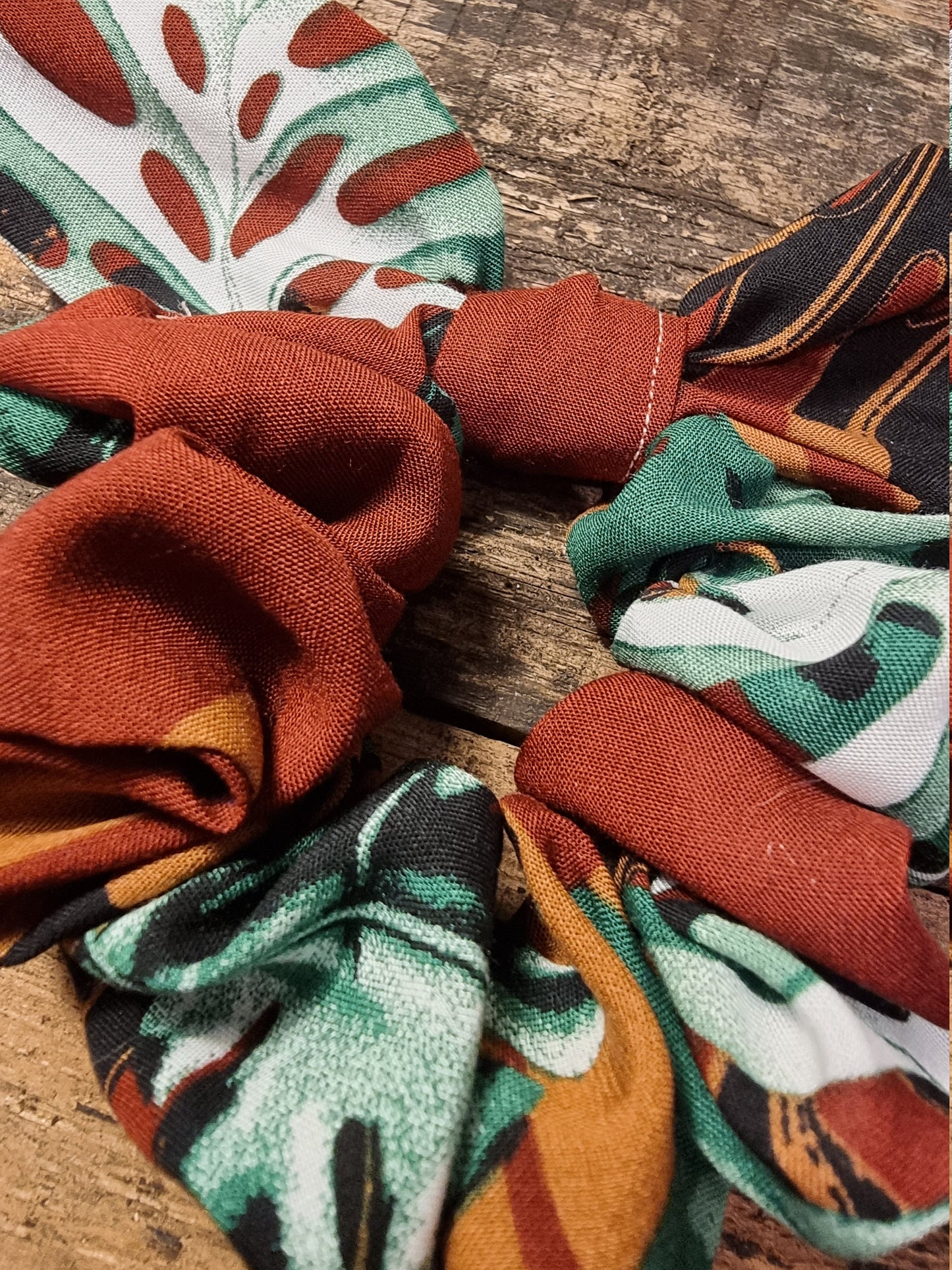 Monstera Leaf Print Soft Viscose Bow Scrunchie | Removeable Bow