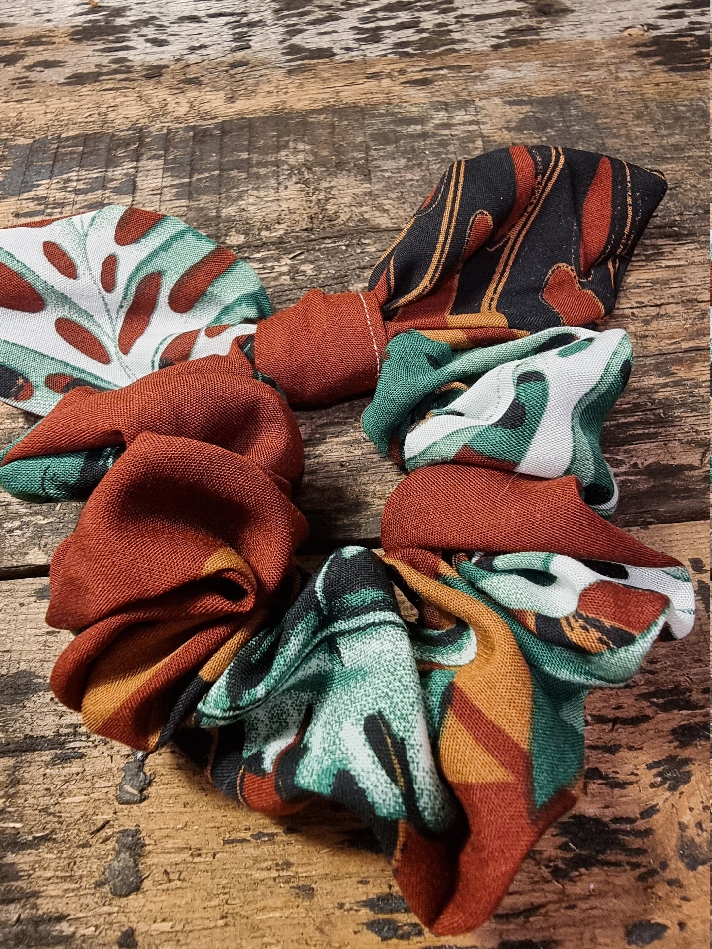 Monstera Leaf Print Soft Viscose Bow Scrunchie | Removeable Bow