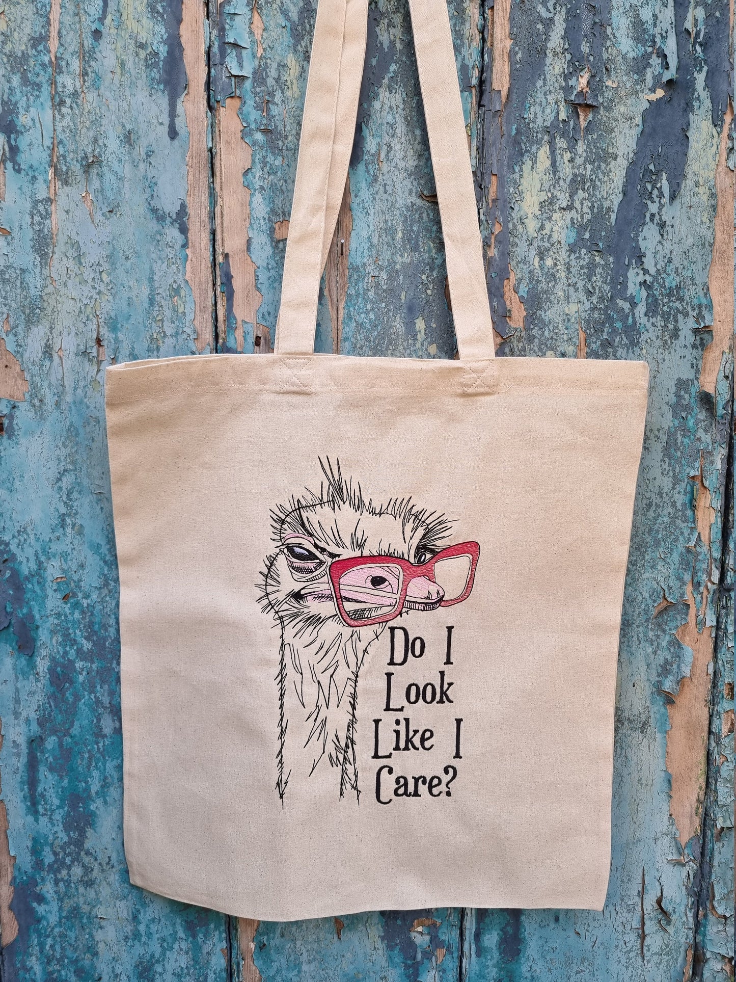 Geeky Ostrich 'Do I look like I care' | Embroidered Tote Bag