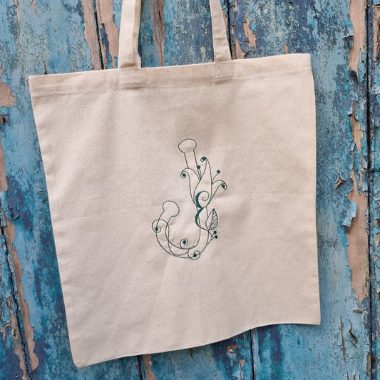 Ditsy Floral Line Art Initial | Embroidered Tote Bag