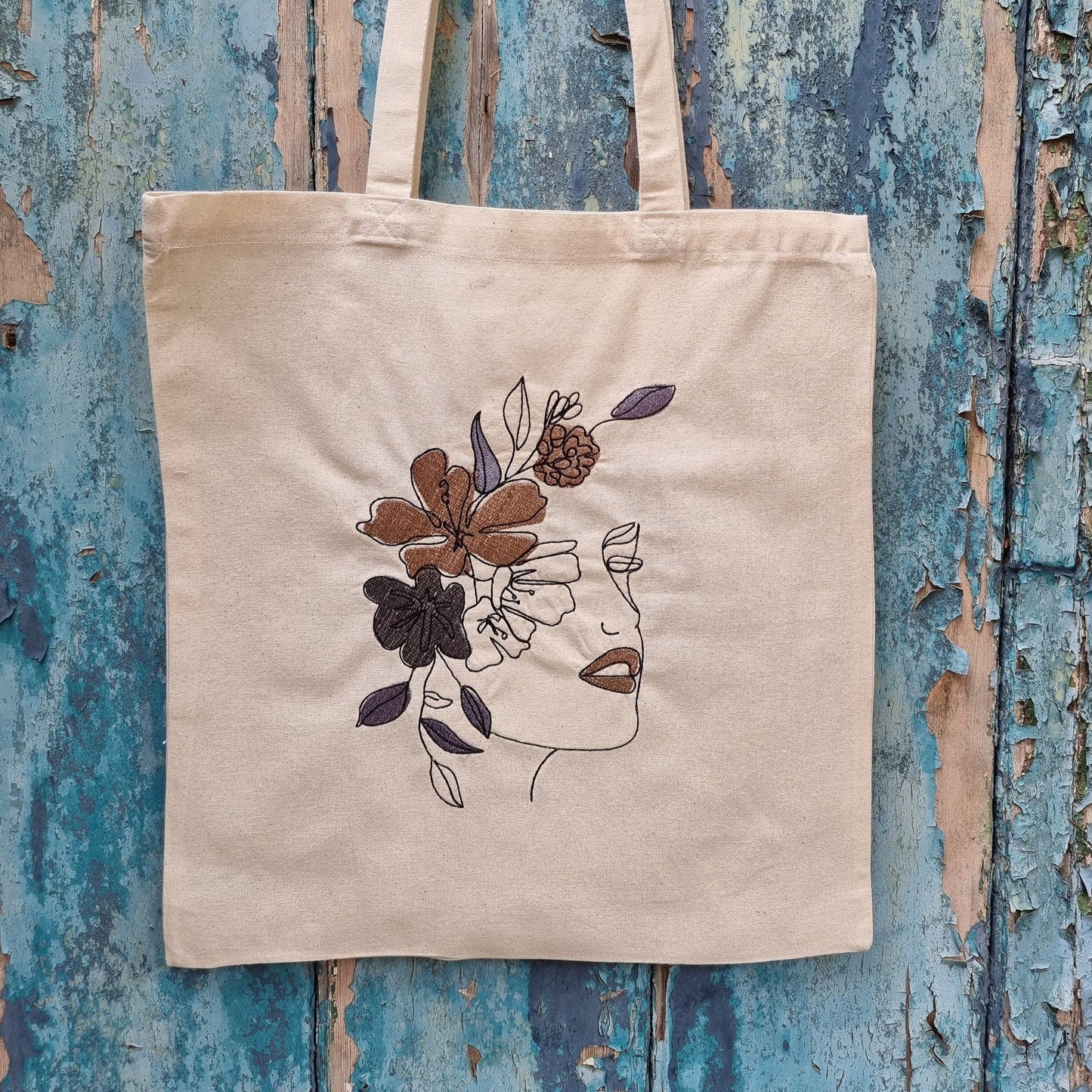 Line Art Lady With Coloured Floral Headband | Embroidered Tote Bag